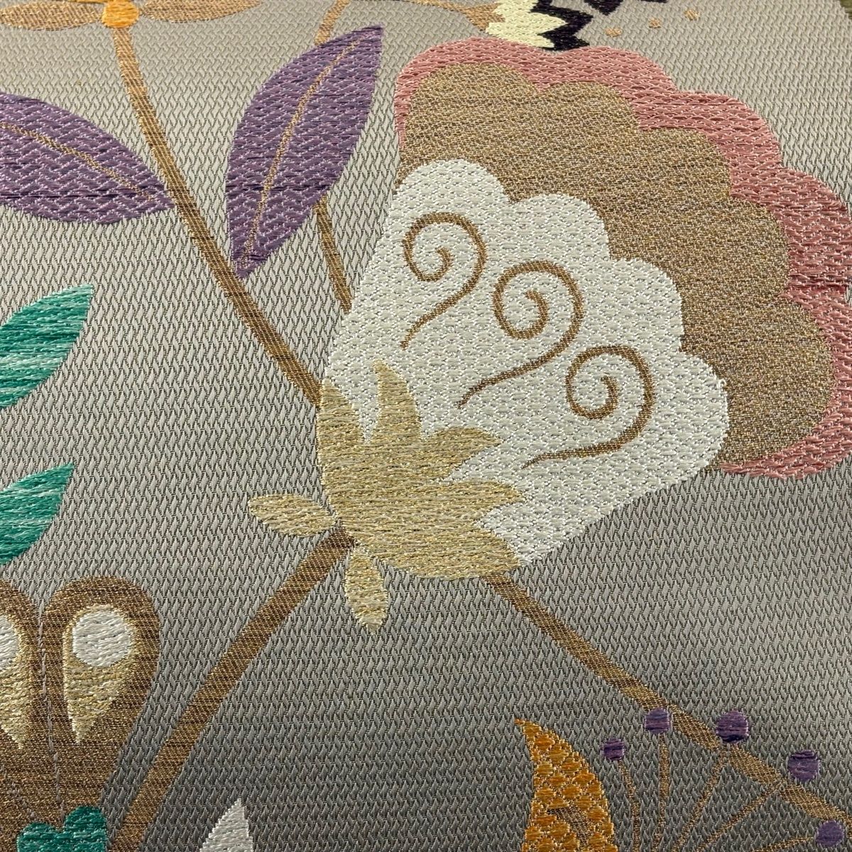 袋帯 秀品 草花 金糸 唐織 灰茶 六通 正絹