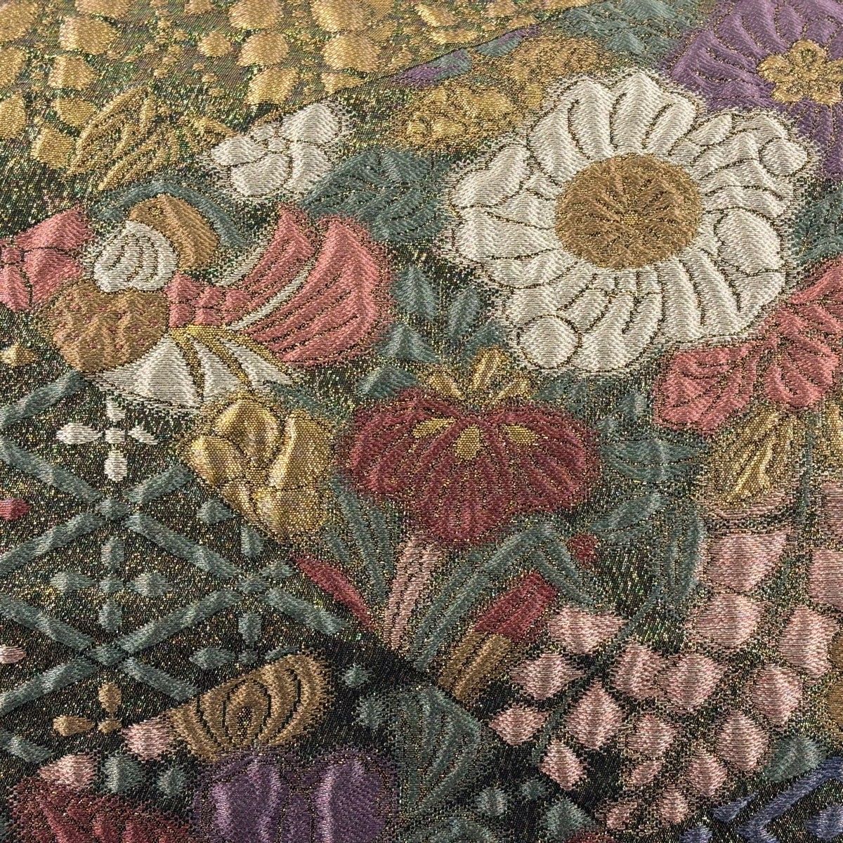 袋帯 秀品 裂取辻が花 金糸 箔 茶緑色 六通 正絹