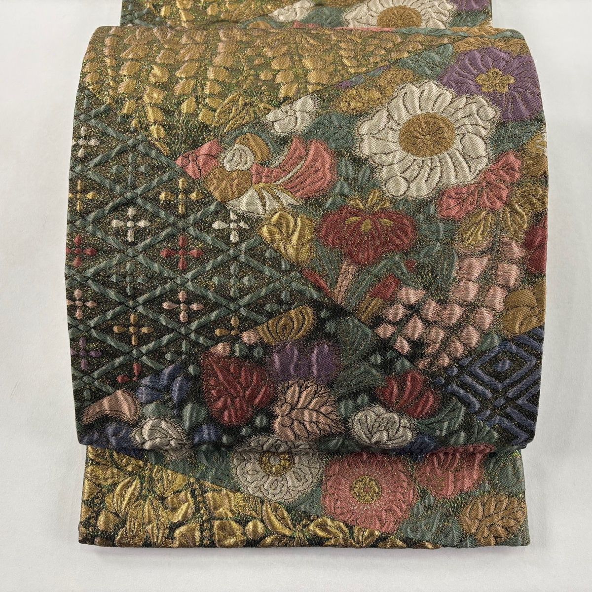 袋帯 秀品 裂取辻が花 金糸 箔 茶緑色 六通 正絹