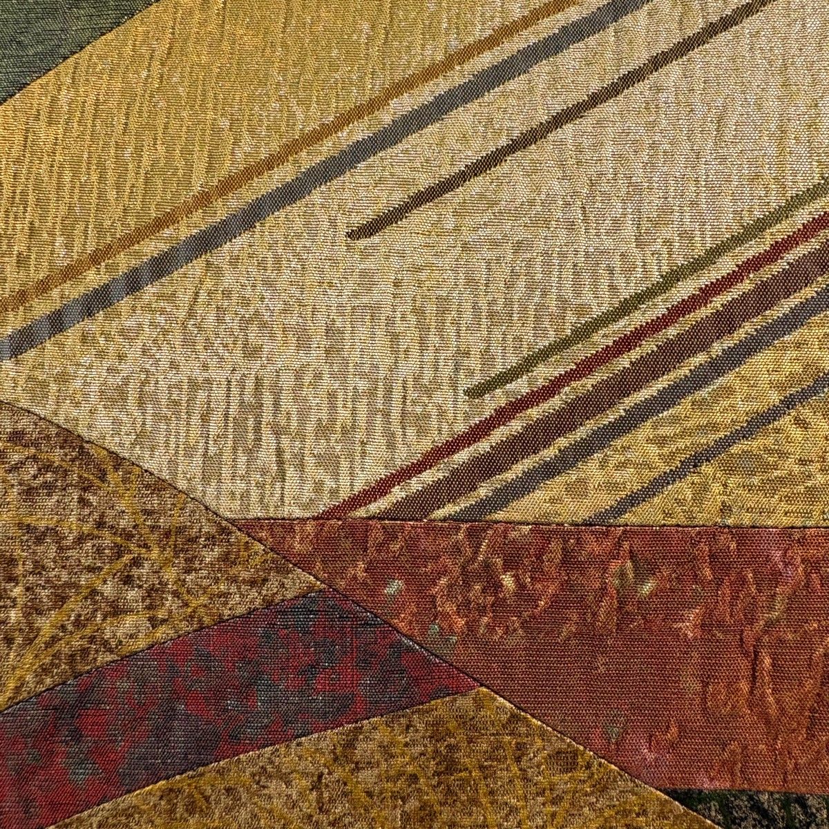 袋帯 秀品 幾何学模様 箔 切り嵌め 茶色 お太鼓柄 正絹