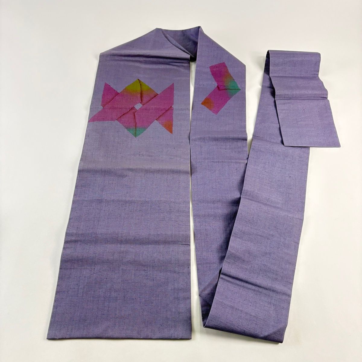  名古屋帯 秀品 紬地 幾何学模様 薄紫 正絹 名古屋帯 帯