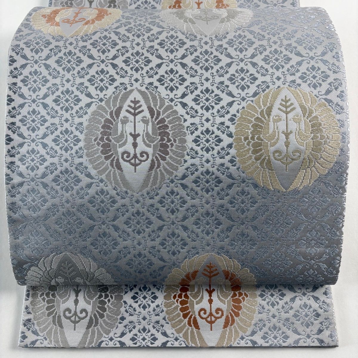 袋帯 秀品 向鳥 花唐草 青灰色 六通 正絹