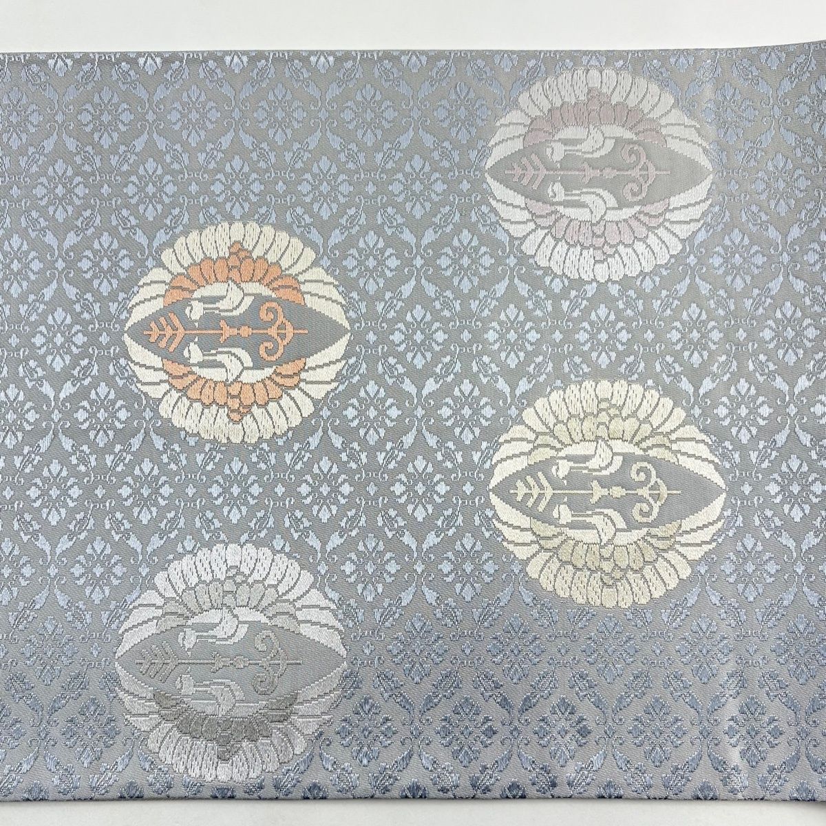  袋帯 秀品 向鳥 花唐草 青灰色 六通 正絹 袋帯 帯