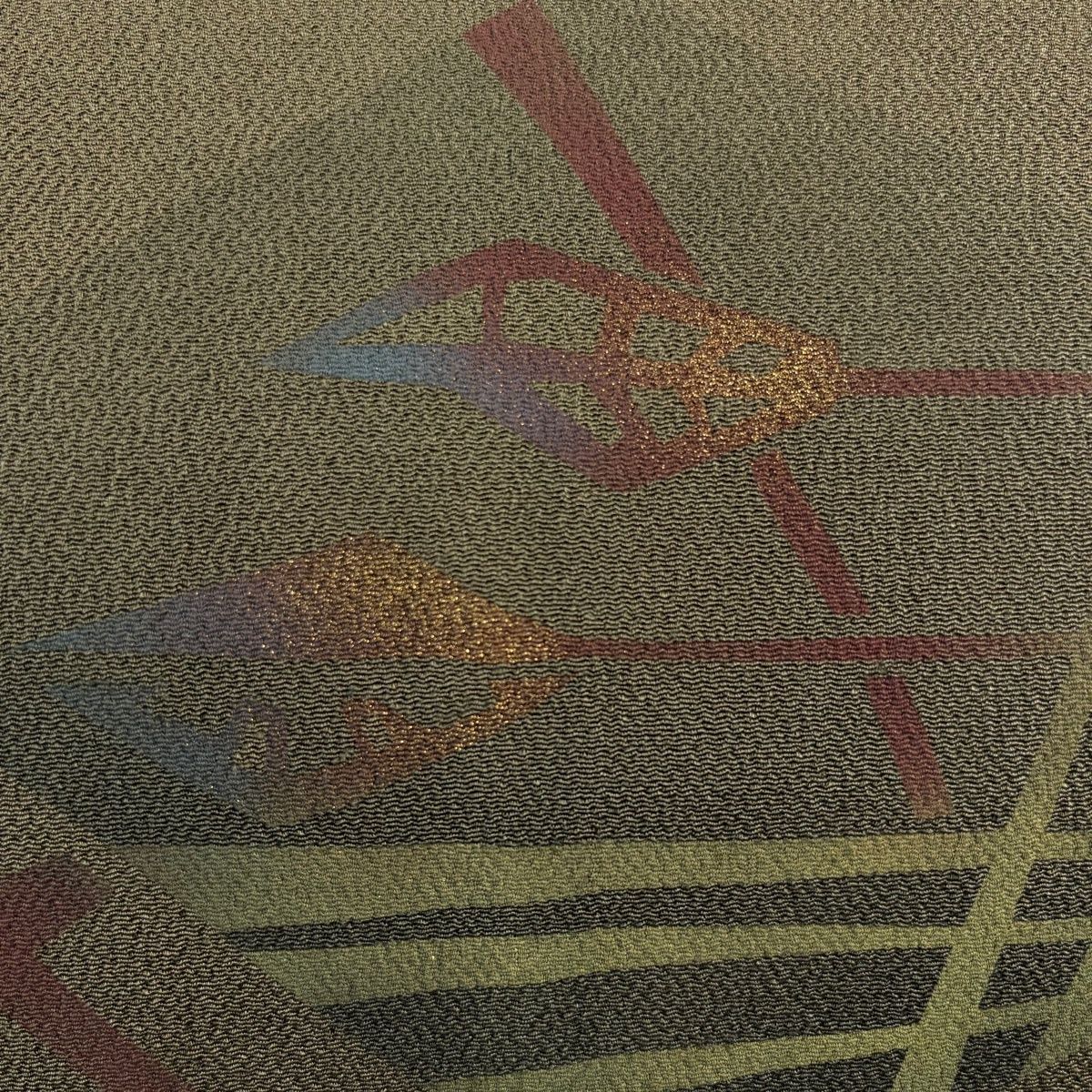 名古屋帯 秀品 幾何学模様 金彩 縮緬 茶緑色 正絹