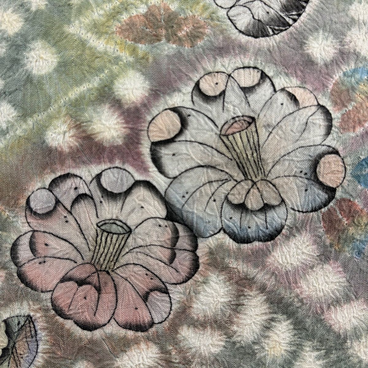 開き名古屋帯 秀品 紬地 辻が花柄 松皮菱 絞り 灰緑 正絹