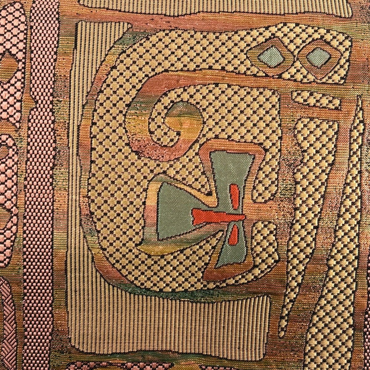 名古屋帯 秀品 八寸名古屋帯 松葉仕立て 幾何学 箔 赤茶 正絹