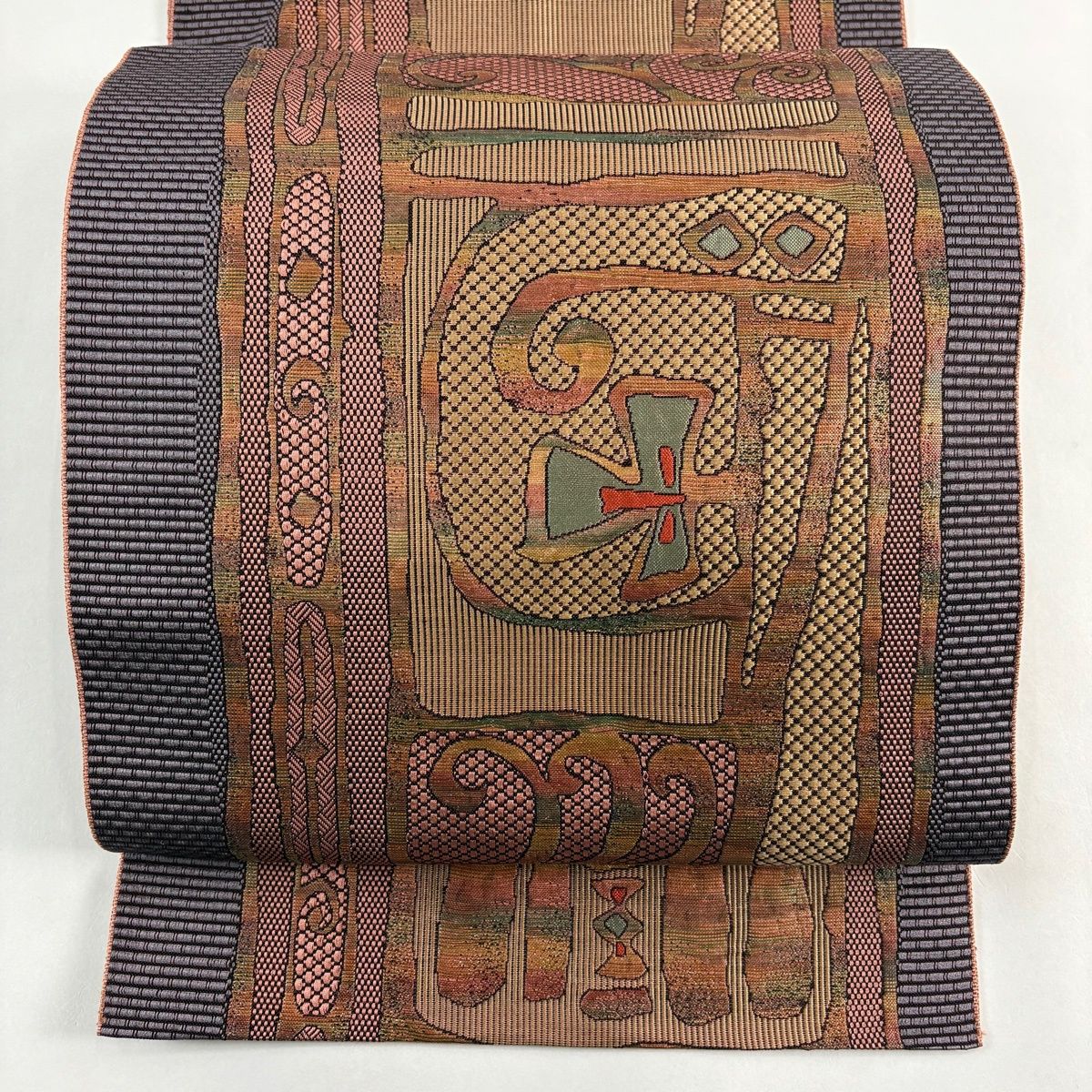 名古屋帯 秀品 八寸名古屋帯 松葉仕立て 幾何学 箔 赤茶 正絹