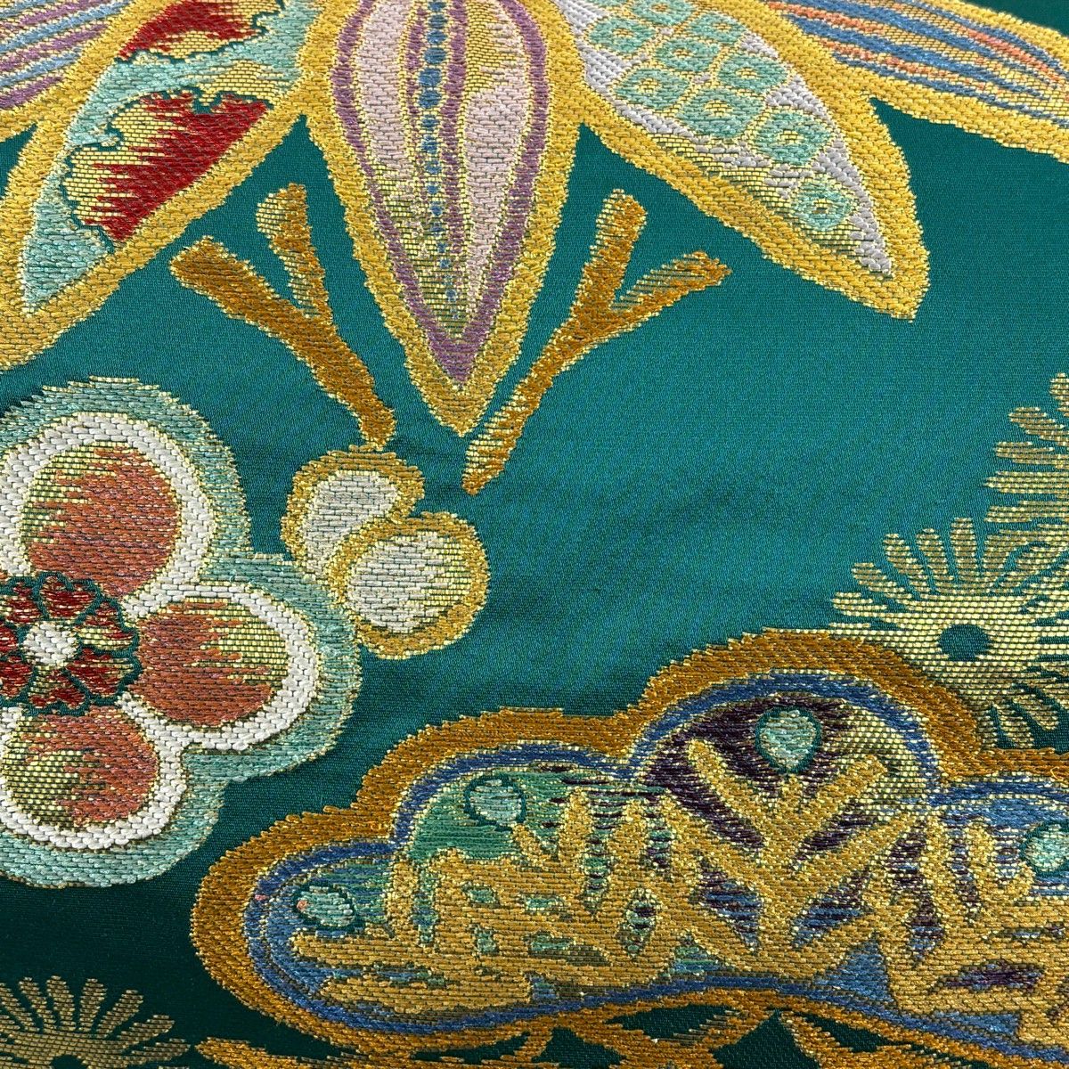袋帯 秀品 松竹梅 箔 刺繍 緑 六通 正絹