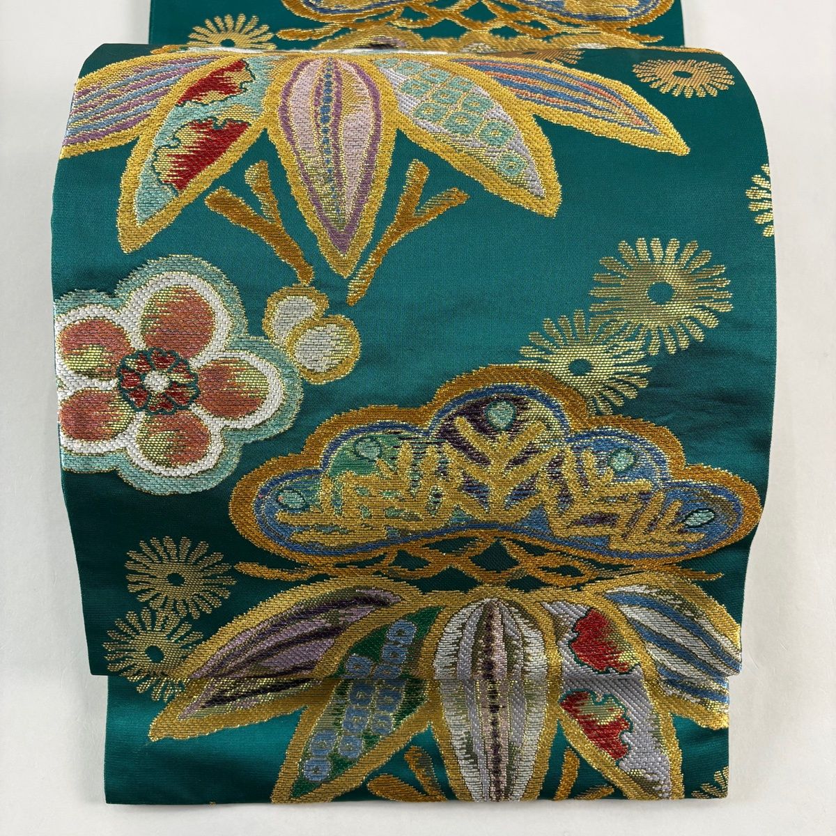 袋帯 秀品 松竹梅 箔 刺繍 緑 六通 正絹
