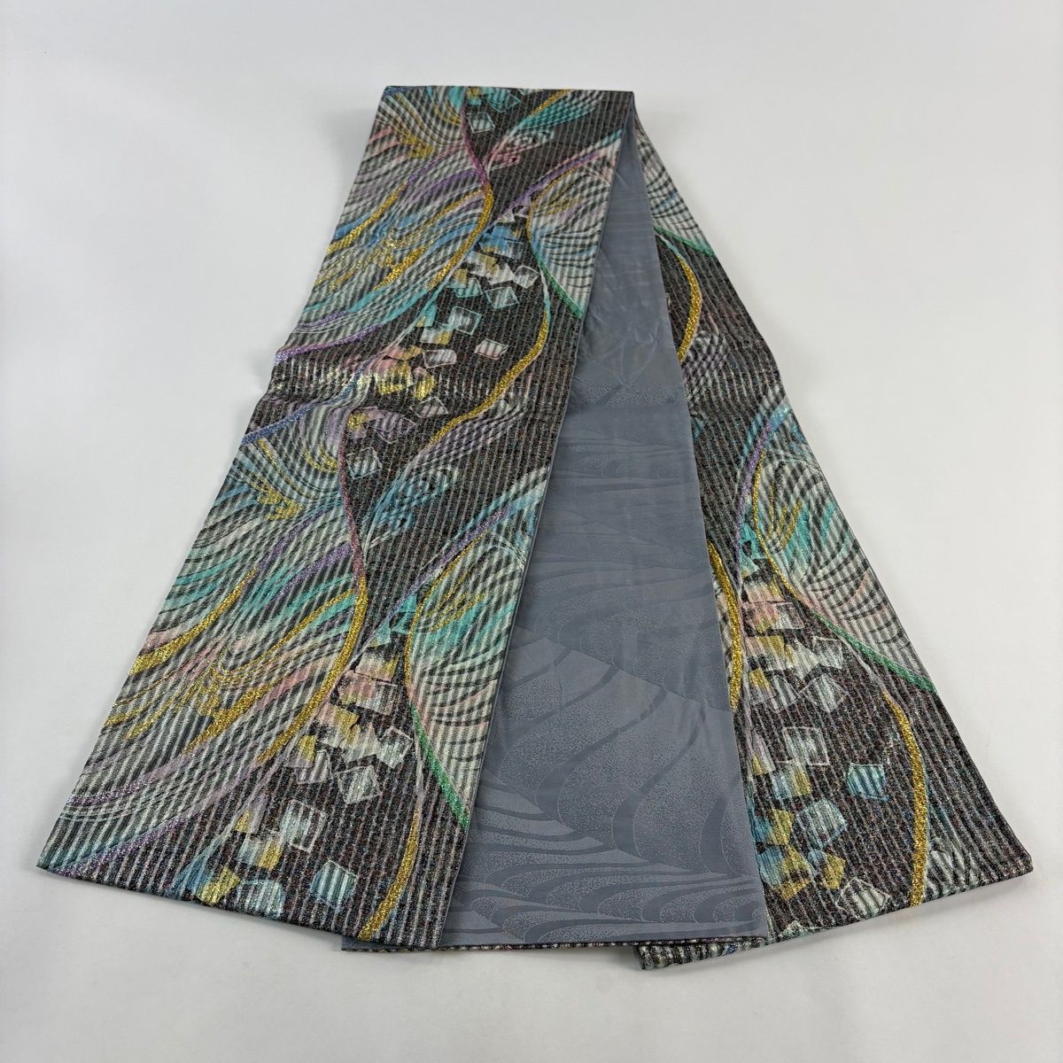  袋帯 秀品 幾何学 箔 ラメ箔 墨色 全通 正絹 袋帯 帯