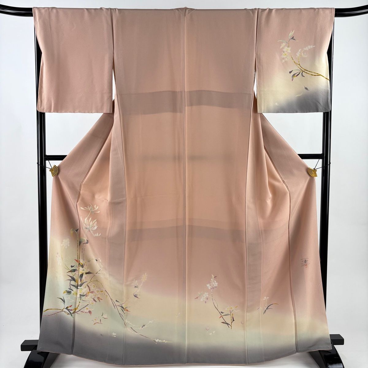 訪問着 身丈166 5 cm 裄丈67 L 袷 百貫石峰 落款 草花 ぼかし 染め分け ピンク 正絹