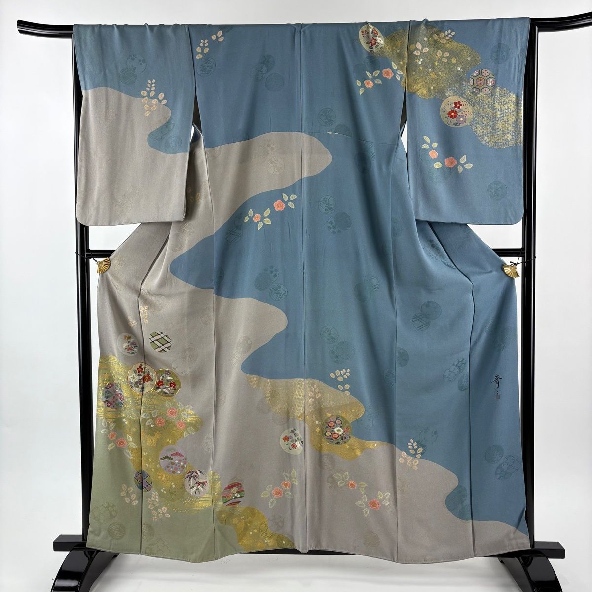 訪問着 身丈160 5 cm 裄丈66 M 袷 松井青々 落款 草花 霞 絞り 金糸 青灰色 正絹 一つ紋
