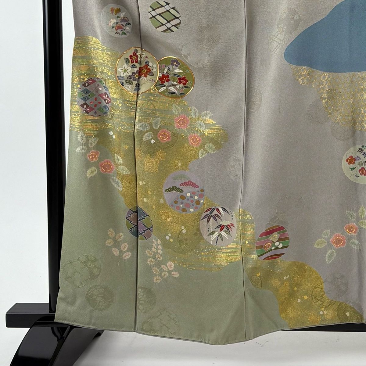 訪問着 身丈160.5 cm 裄丈66.5 M 袷 松井青々 落款 草花 霞 絞り 金糸 青灰色 正絹 一つ紋