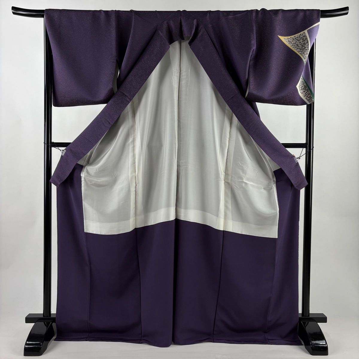  付下げ 身丈174 cm 裄丈69.5 L 袷 上野為二 落款 草花 万寿菊 金通し 紫 正絹 訪問着 付け下げ 着物