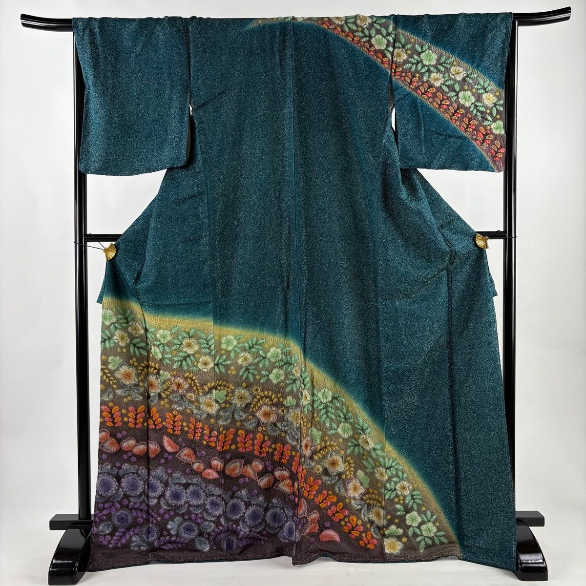 訪問着 身丈170 cm 裄丈67.5 L 袷 辻が花 銀通し ぼかし 青緑 正絹