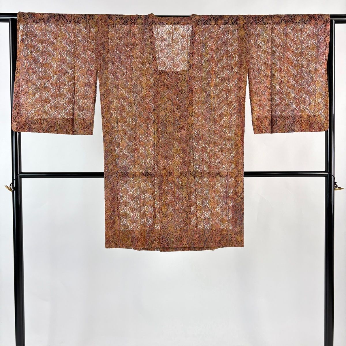 道行 身丈97 cm 裄丈65.5 M 和装コート 角衿 証紙 幾何学模様 赤茶 正絹