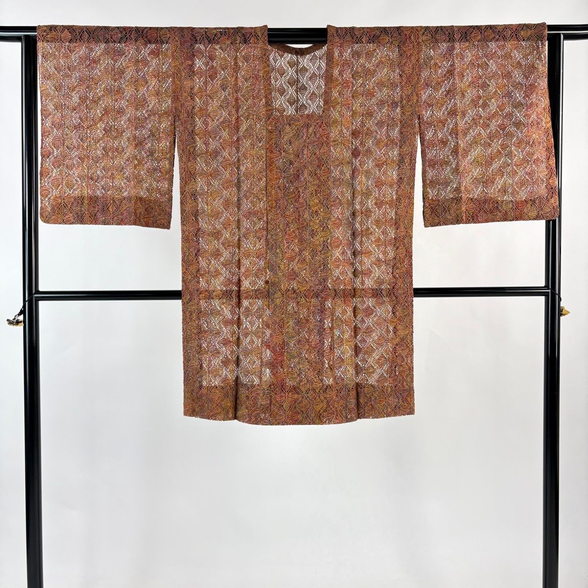  道行 身丈97 cm 裄丈65.5 M 和装コート 角衿 証紙 幾何学模様 赤茶 正絹 羽織 着物 浴衣