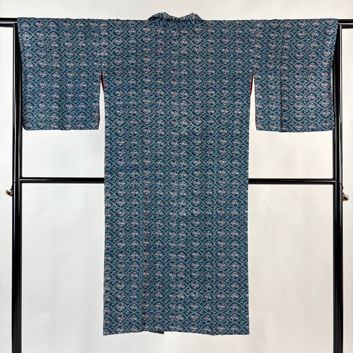 道行 身丈156 5 cm 裄丈65 M 和装コート へちま衿 草花 幾何学模様 青緑 正絹