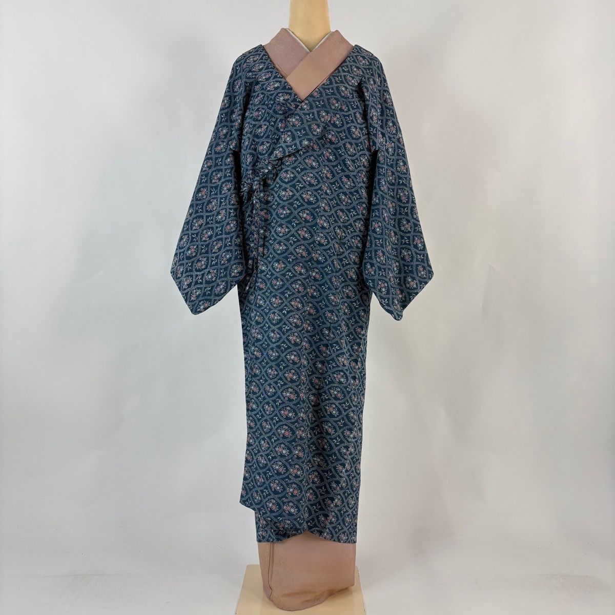 道行 身丈156.5 cm 裄丈65 M 和装コート へちま衿 草花 幾何学模様 青緑 正絹