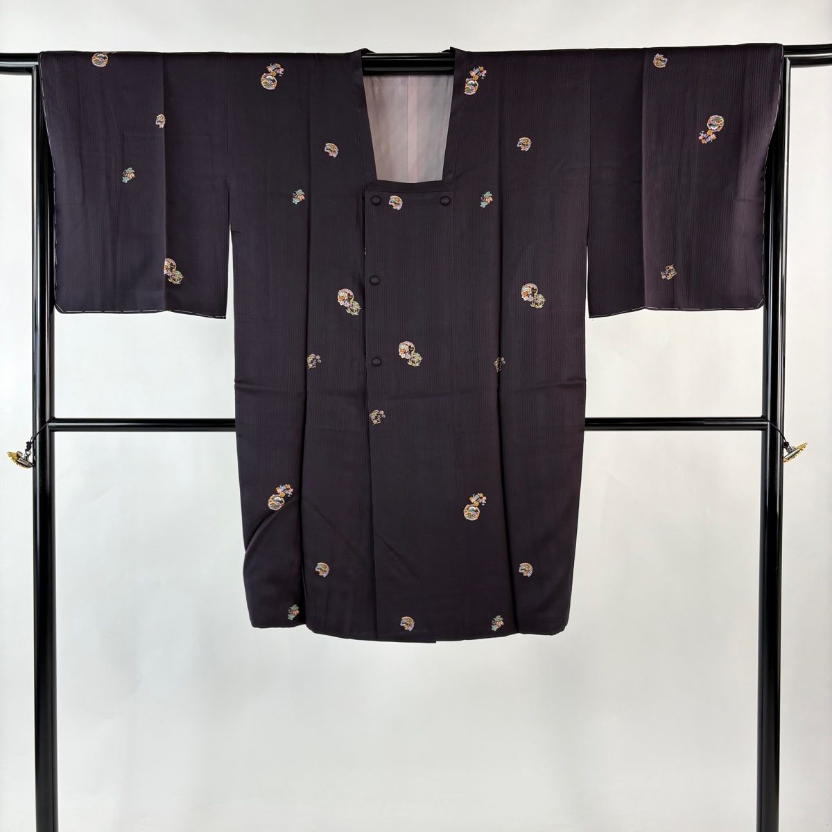  道行 身丈103 cm 裄丈64 5 M 和装コート 角衿 花丸文 文字文 金彩 濃紫 正絹 羽織 着物 浴衣