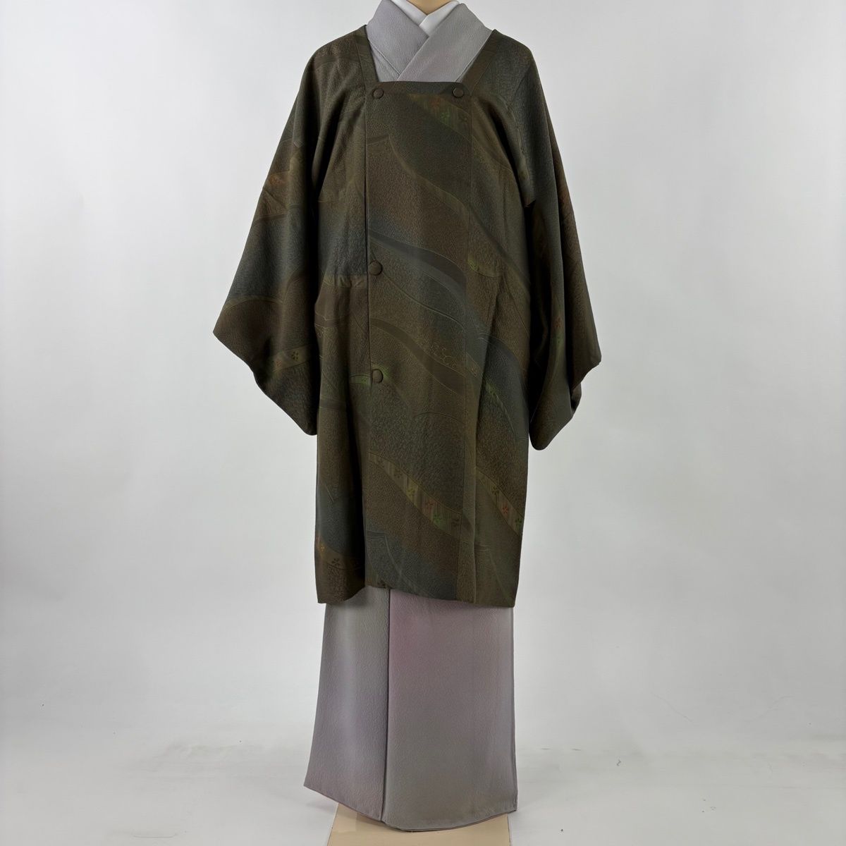 道行 身丈100 cm 裄丈65 M 和装コート 角衿 花 幾何学模様 ぼかし 茶緑色 正絹
