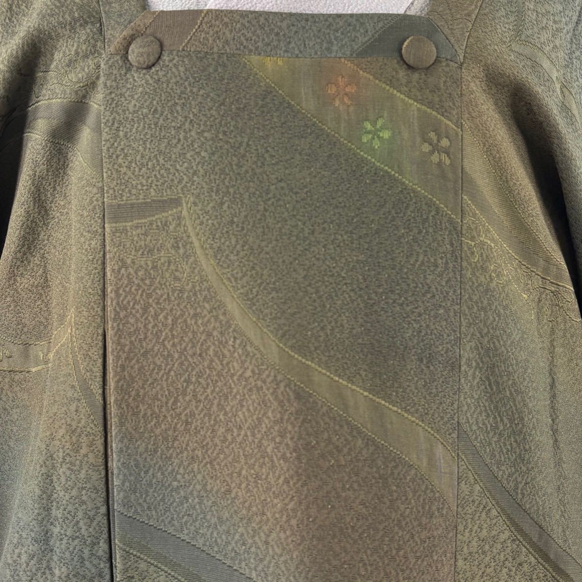 道行 身丈100 cm 裄丈65 M 和装コート 角衿 花 幾何学模様 ぼかし 茶緑色 正絹 羽織 着物 浴衣 レディース