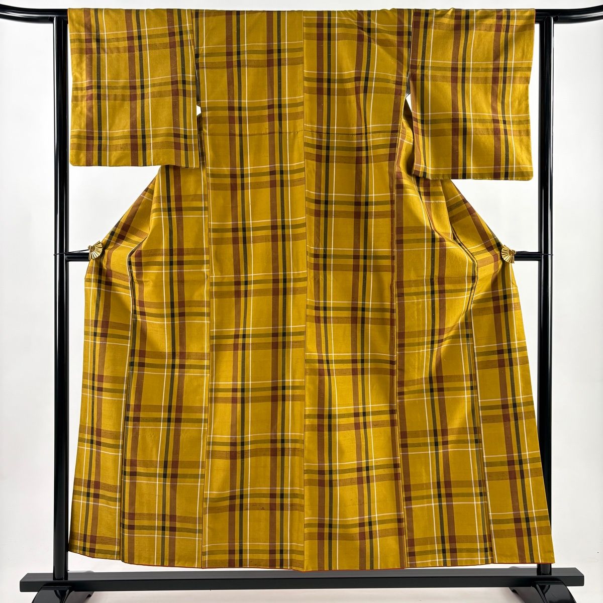 紬 身丈155 cm 裄丈62.5 S 袷 黄八丈 平織 証紙 格子 黄土色 正絹