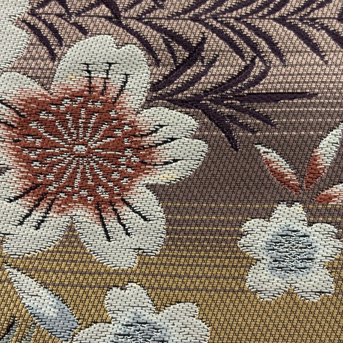 半幅帯 秀品 やまと 桜 葉柄 灰紫 正絹