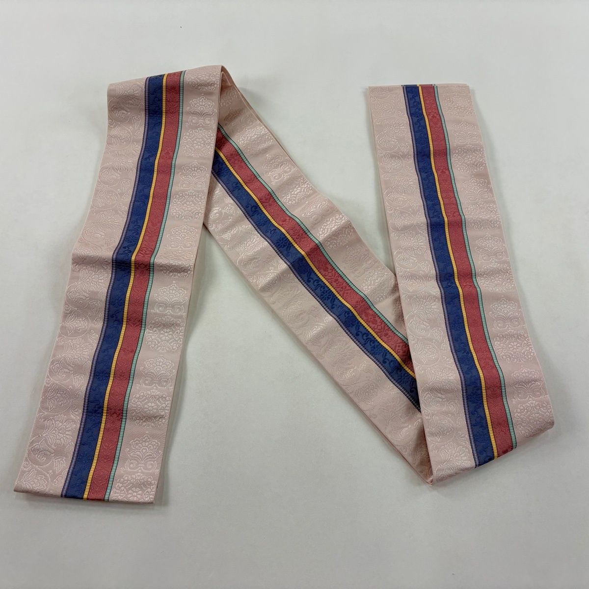  半幅帯 秀品 博多織 証紙 縞 花唐草 薄ピンク 正絹 半巾 半幅 小袋帯 帯