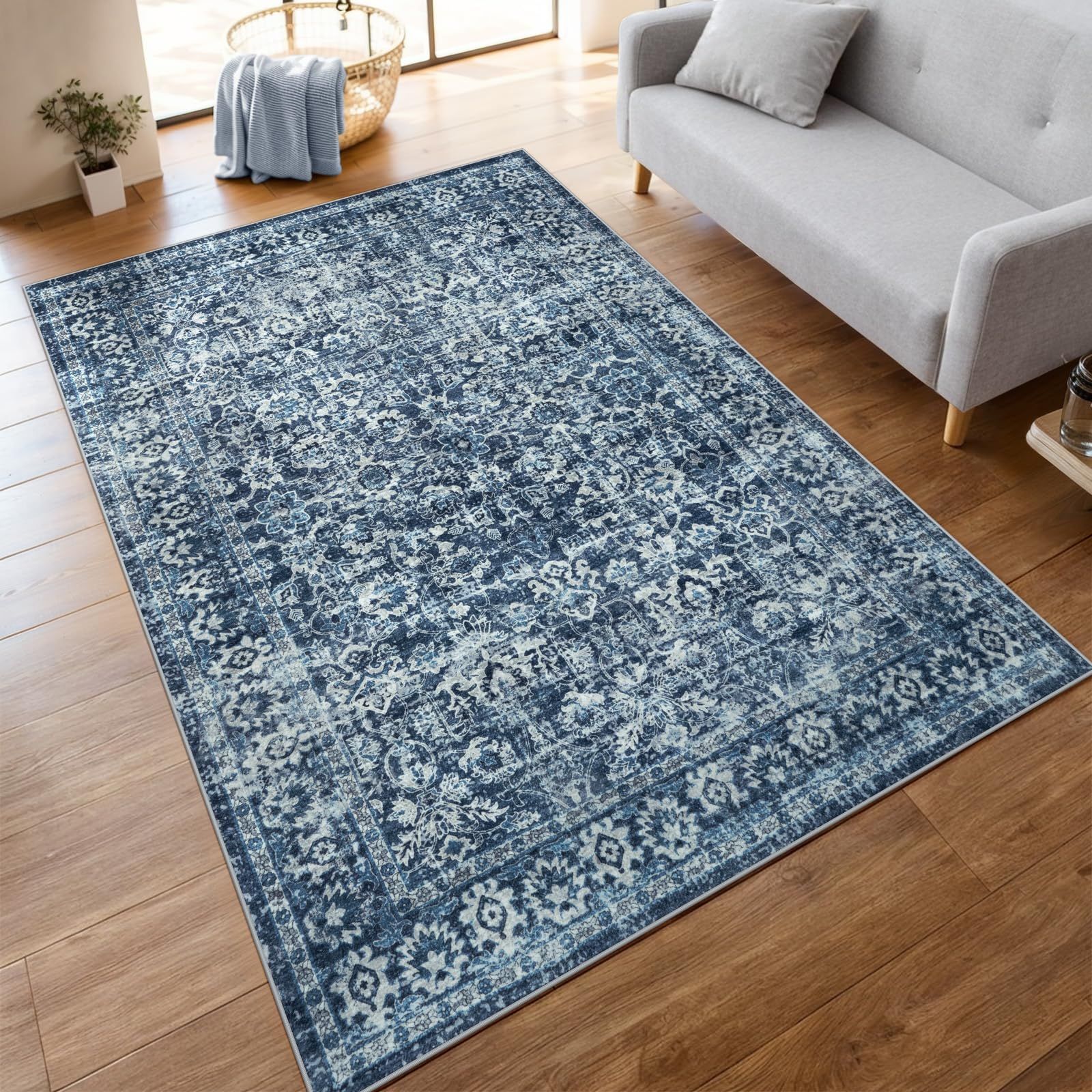 ホットカーペット対応 滑り止め 防ダニ ふわふわ 防臭 1.5畳 防音 ラグマット リビング ペルシャ風 絨毯 寝室 オールシーズン適用 デスクマット ダイニングマット 洗える アンティーク カーペット 花柄 ラグ ブルー HAOCOO