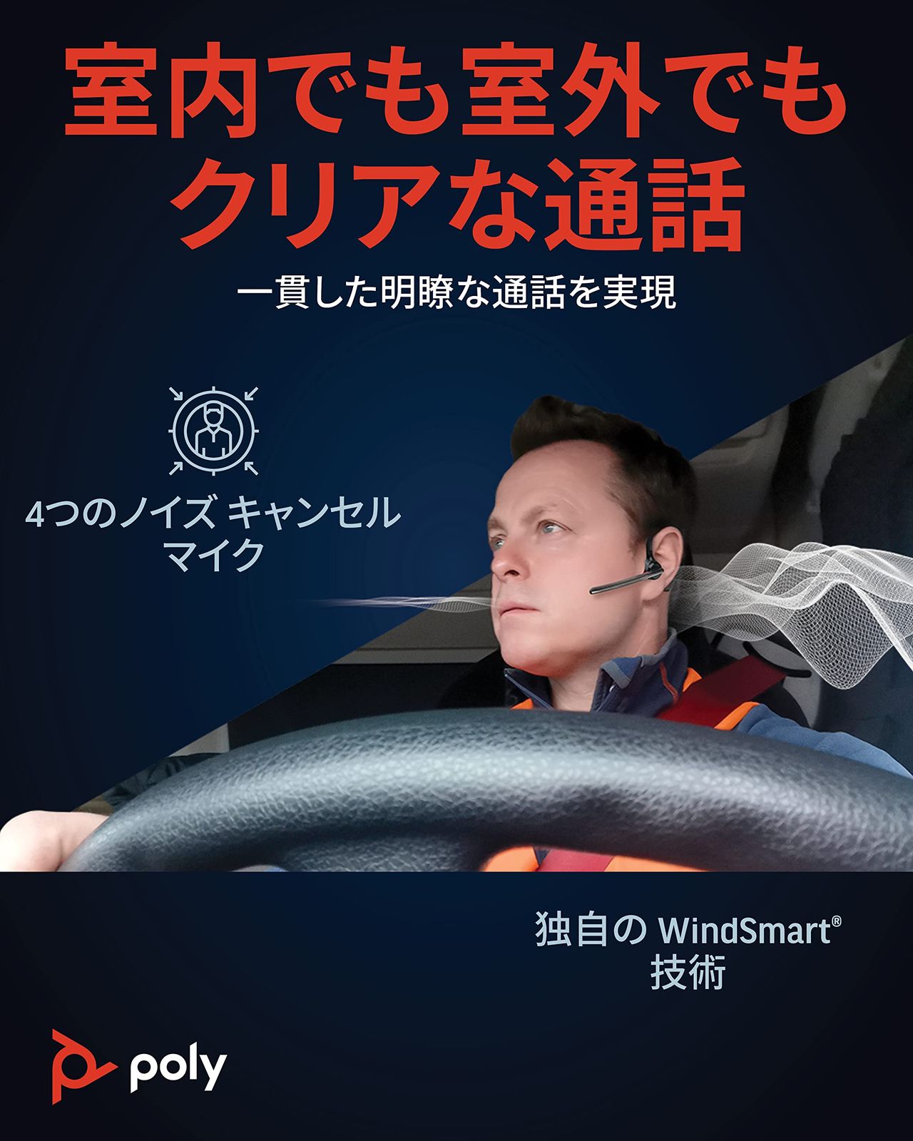 Poly ポリー Voyager 5200 Bluetooth ワイヤレスヘッドセット 片耳 モノラルイヤホンタイプ ノイズキャンセリングマイク スマートフォン対応 ヘッドセット単体 Polyロゴ