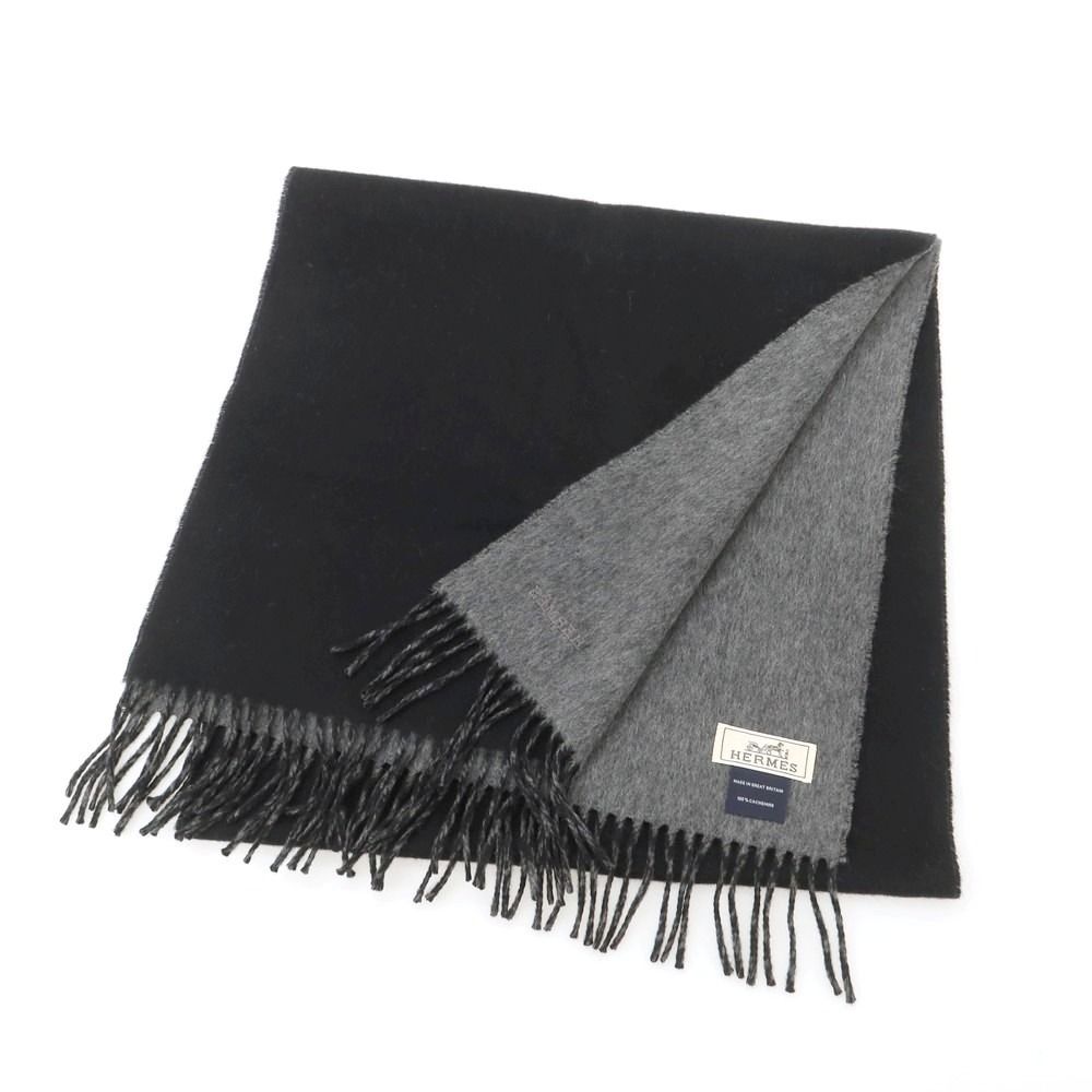 中古】エルメス HERMES ウール マフラー ブラックxグレー【ユニ