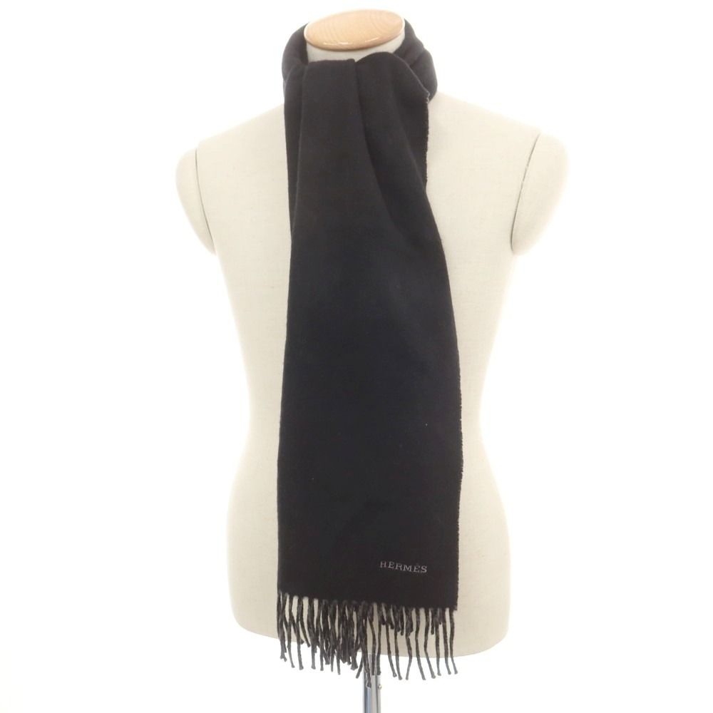 中古】エルメス HERMES ウール マフラー ブラックxグレー【ユニ