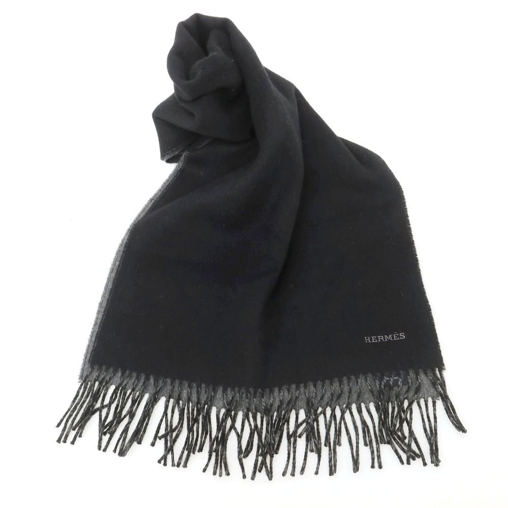 中古】エルメス HERMES ウール マフラー ブラックxグレー【ユニ