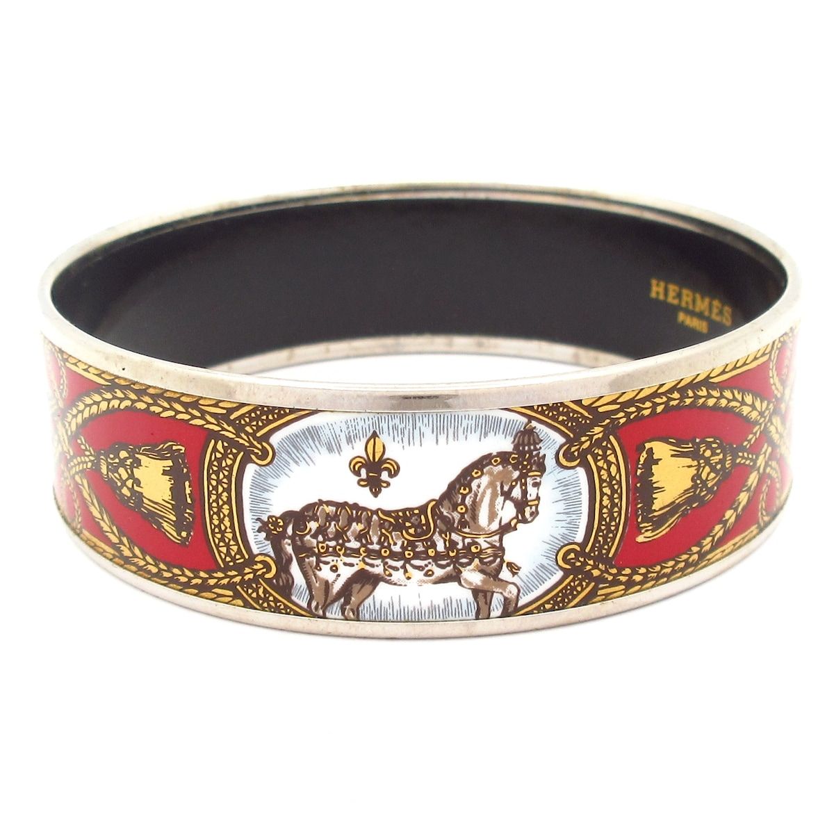 HERMES エルメス バングル エマイユ シルバー レッド マルチ 馬