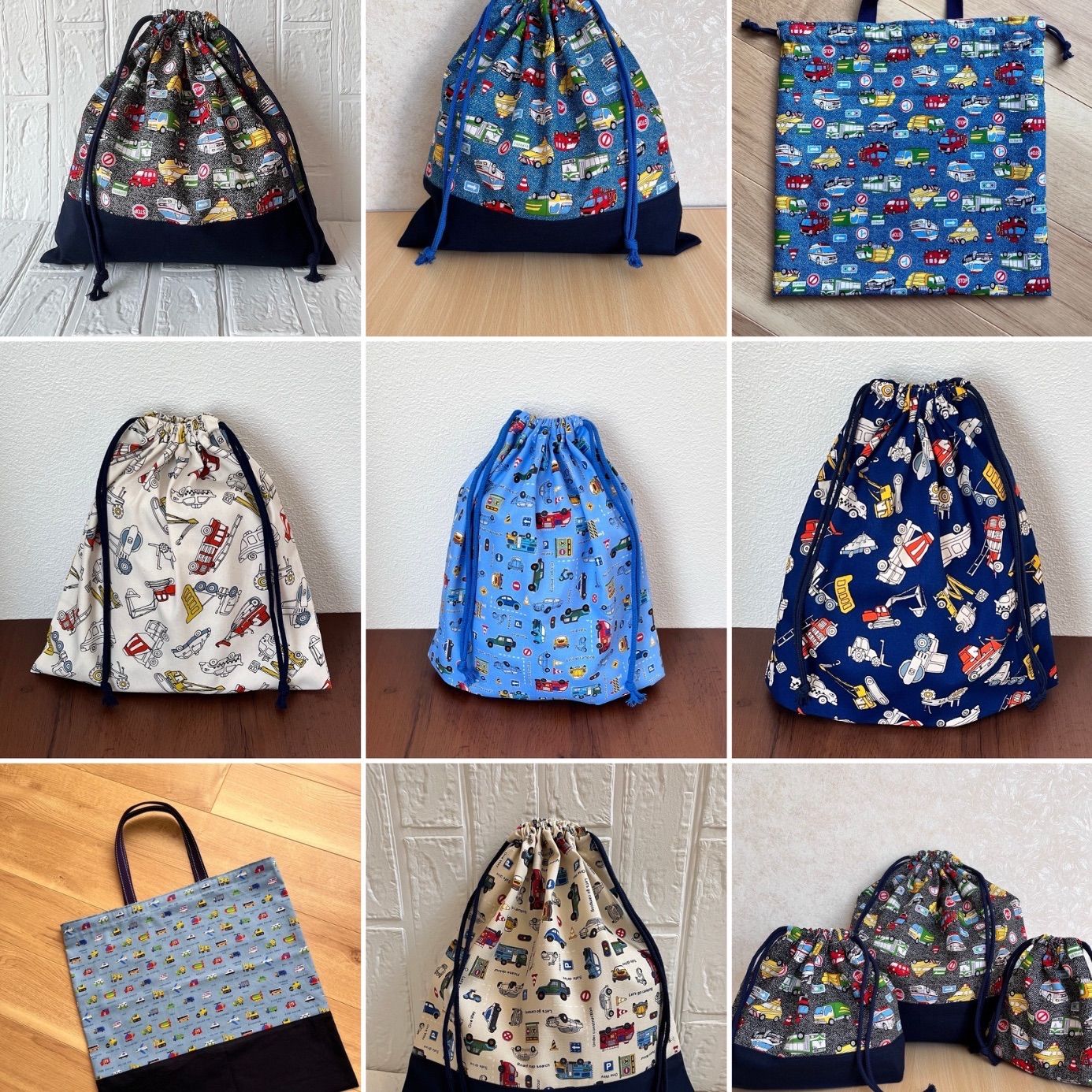 shops ハンドメイド オーダー受付 はたらく車 レッスンバック 上履き入れ 靴袋 給食袋 コップ袋 連絡帳入れ 着替え袋 体操服入れ 巾着袋 ご希望の生地 サイズ 形でお作りします