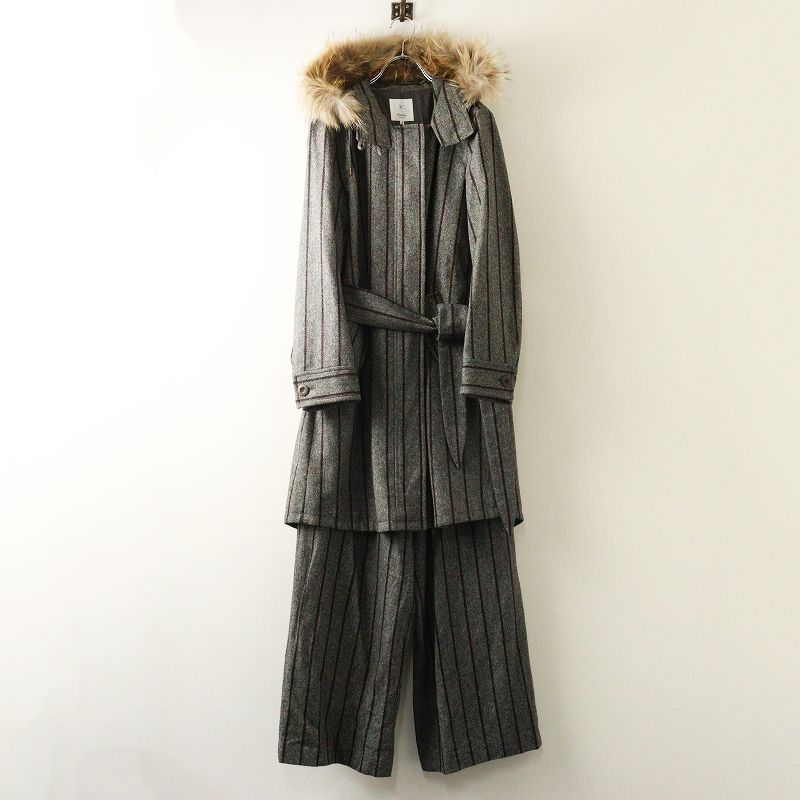 オンワード Rythme クミキョク 組曲 ラクーンファー付き ストライプ セットアップ ジャケット パンツ 3┃