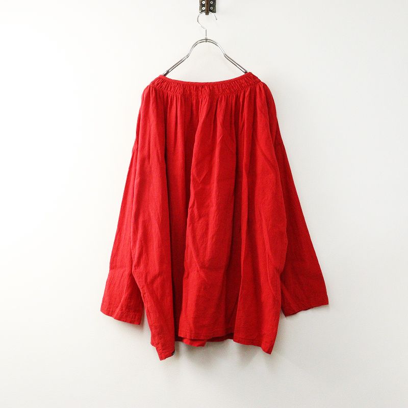 2025 SS ネストローブ nest Robe UpcycleLino リネン近江晒しメニーギャザースモック F‖レッド トップス ワイド ゆったり