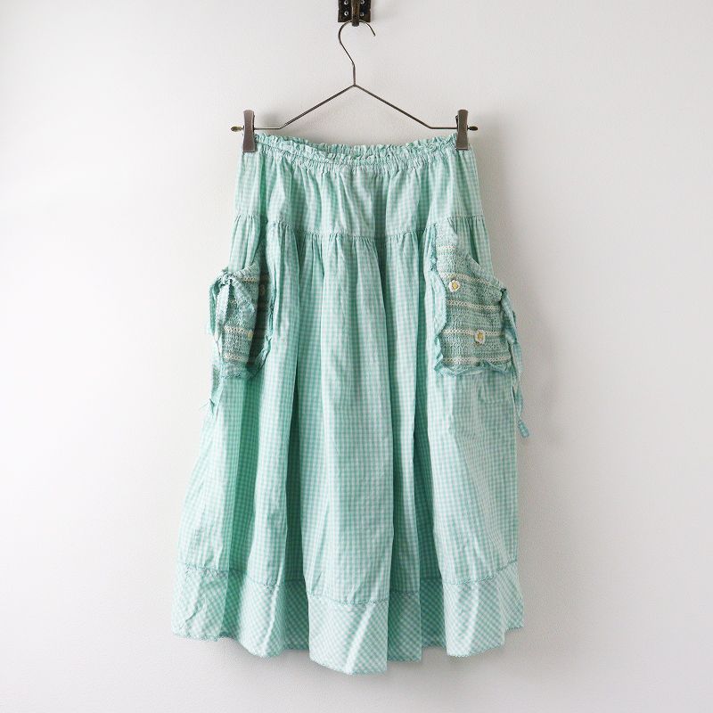 定価4.1万 2025 SS ピンクハウス PINK HOUSE スモッキング刺繍使いギンガムチェックスカート グリーン┃ボリューム