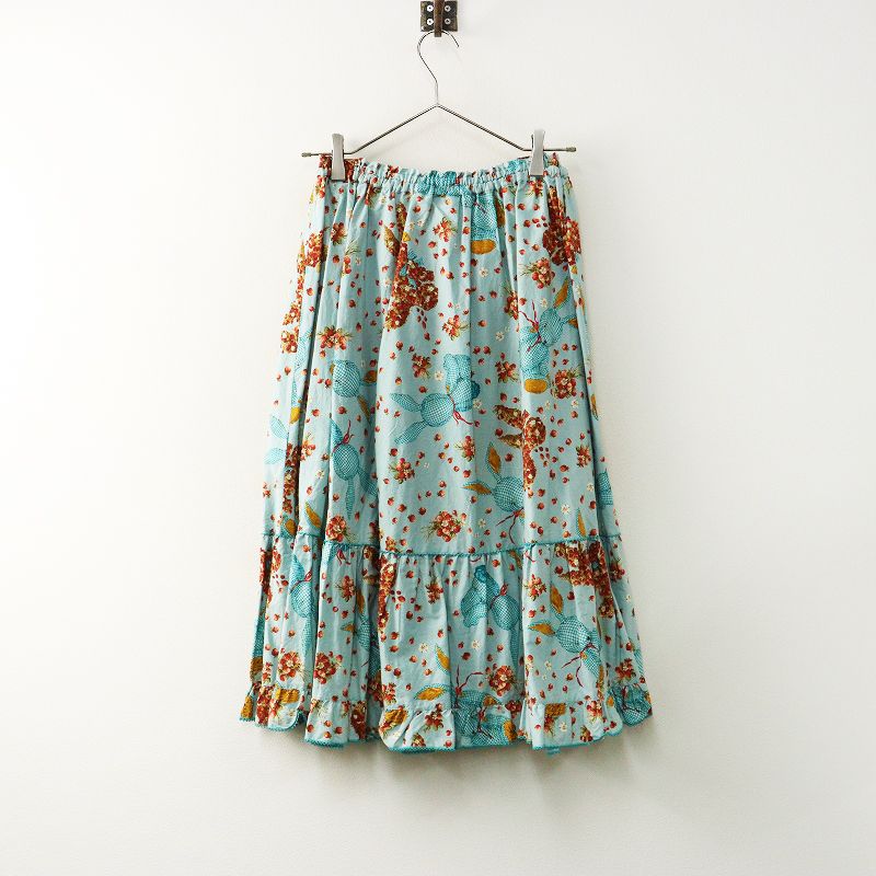 ピンクハウス PINK HOUSE ギンガムうさぎプリント 綿ローン 前ボタン フ スカート ブルー┃フリル