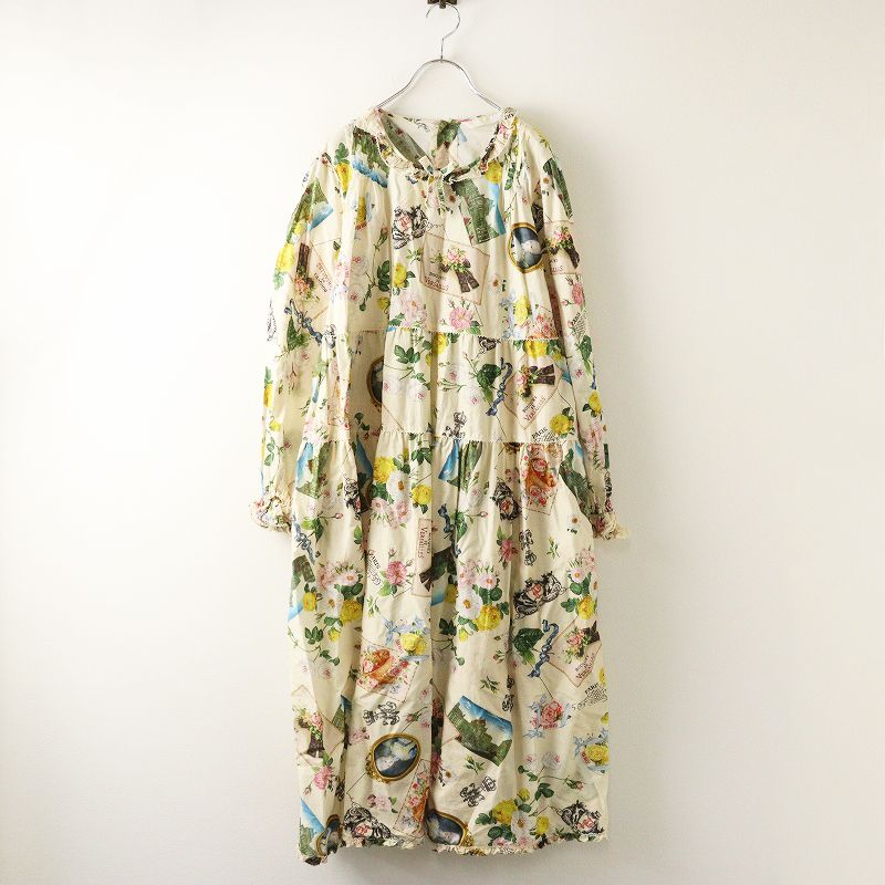 2025 AW ピンクハウス PINK HOUSE ブーケモチーフプリントミディワンピース アイボリー ピコフリル ローン ドレス