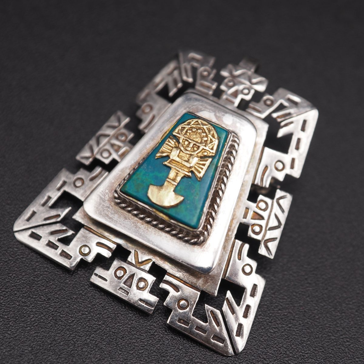 L 416 ターコイズ トルコ石 925 18 K刻印 ブローチ トゥミ 彫刻 デザイン シルバー×ゴールド コンビ ヴィンテージ 誕生石