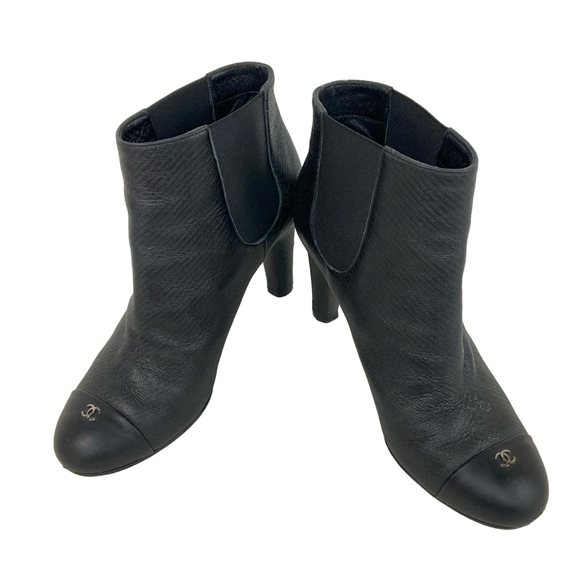 CHANEL シャネル ショートブーツ 38 C レディース - G 28459 黒 サイドゴア レザー