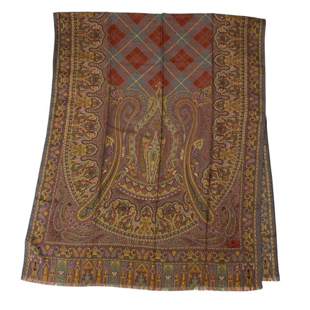 エトロ スカーフ ストール ショール 大判 総柄 ペイズリー柄 ウール シルク ブラウン ボルドー マルチ ETRO 上質
