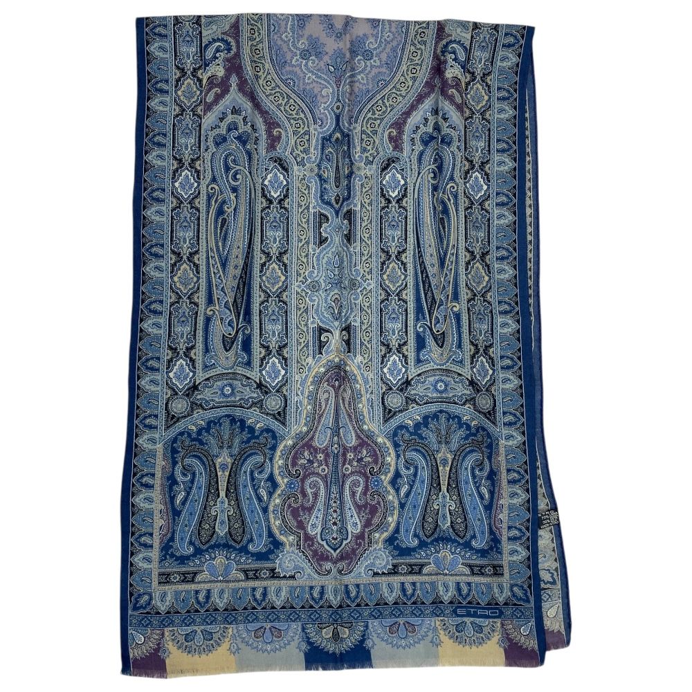エトロ スカーフ ストール ショール 中判 総柄 ペイズリー柄 ウール シルク ブルー マルチ ETRO 上質