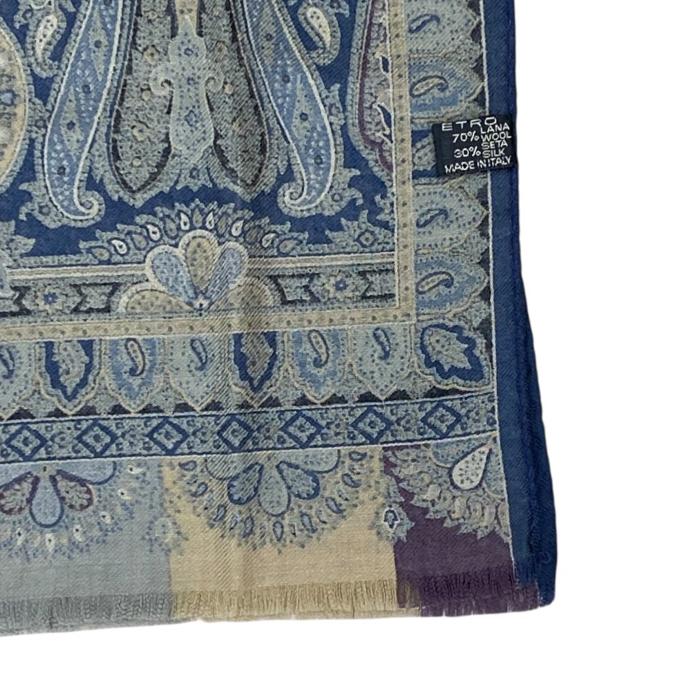 エトロ スカーフ ストール ショール 中判 総柄 ペイズリー柄 ウール シルク ブルー マルチ ETRO 上質 その他 小物
