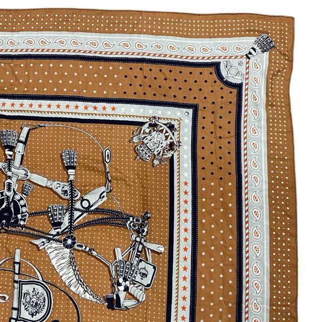 エルメス スカーフ ストール ショール カレジェアン140 宮廷の馬具 大判 総柄 カシミヤ シルク ブラウン マルチ HERMES