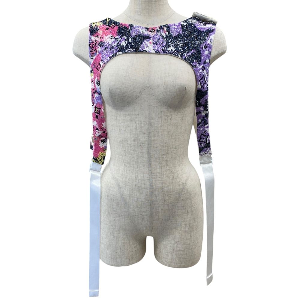 ルイヴィトン ハーネス ベスト トップス ビーズ LVモノグラム ジップポケット パープル ピンク LOUIS VUITTON サイズL レディース 個性派 主役級 デザイン性