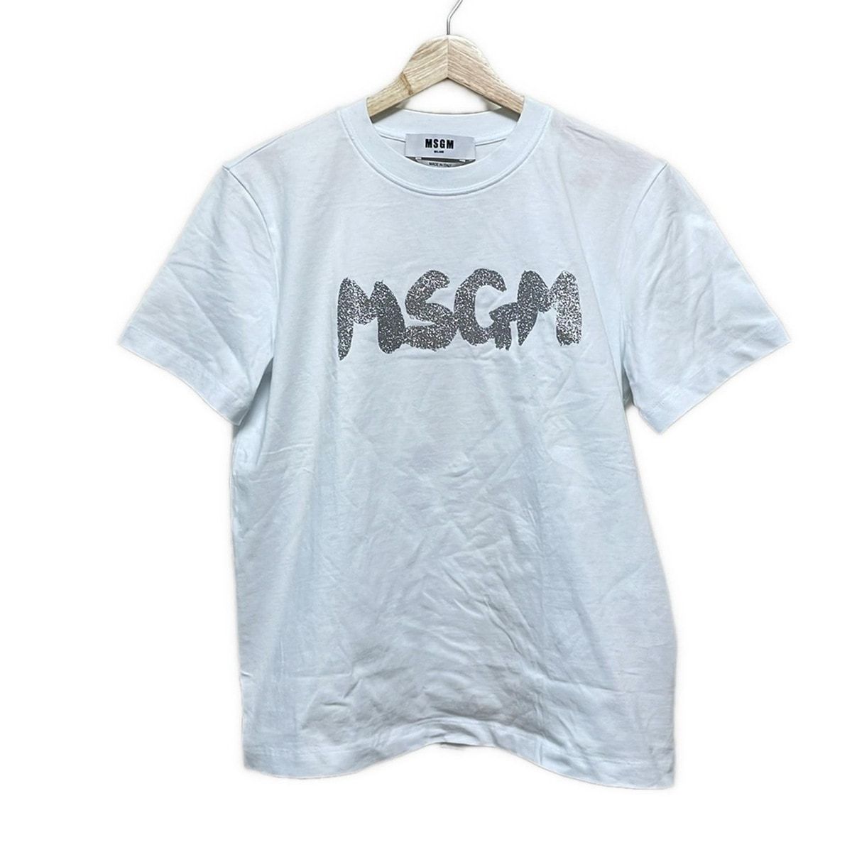 MSGM エムエスジィエム 半袖Tシャツ サイズM レディース - 白×シルバー クルーネック グリッターロゴ 24年