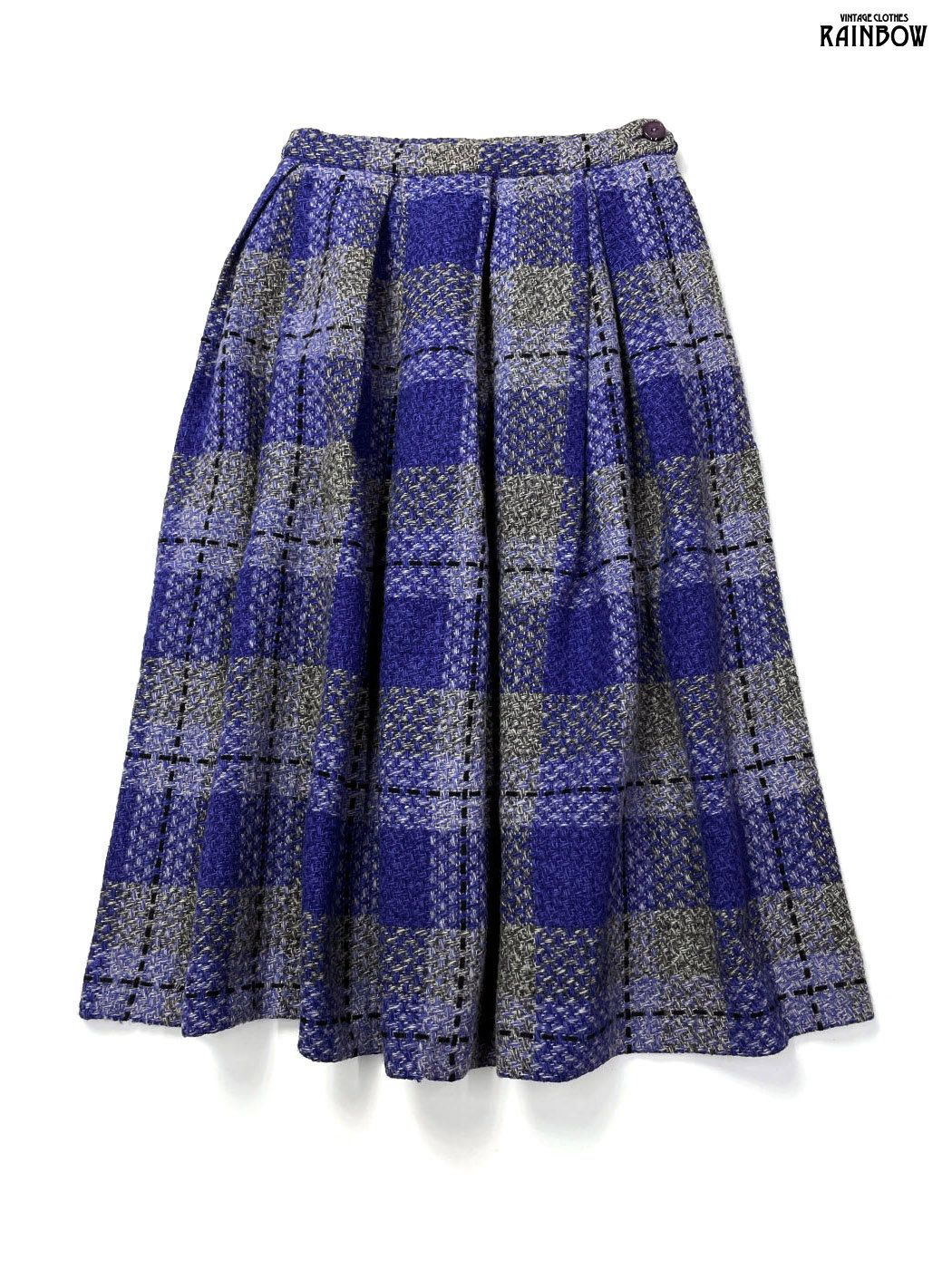 古着 チェック柄 ウール 膝丈 タック スカート 紫 btu 2512007